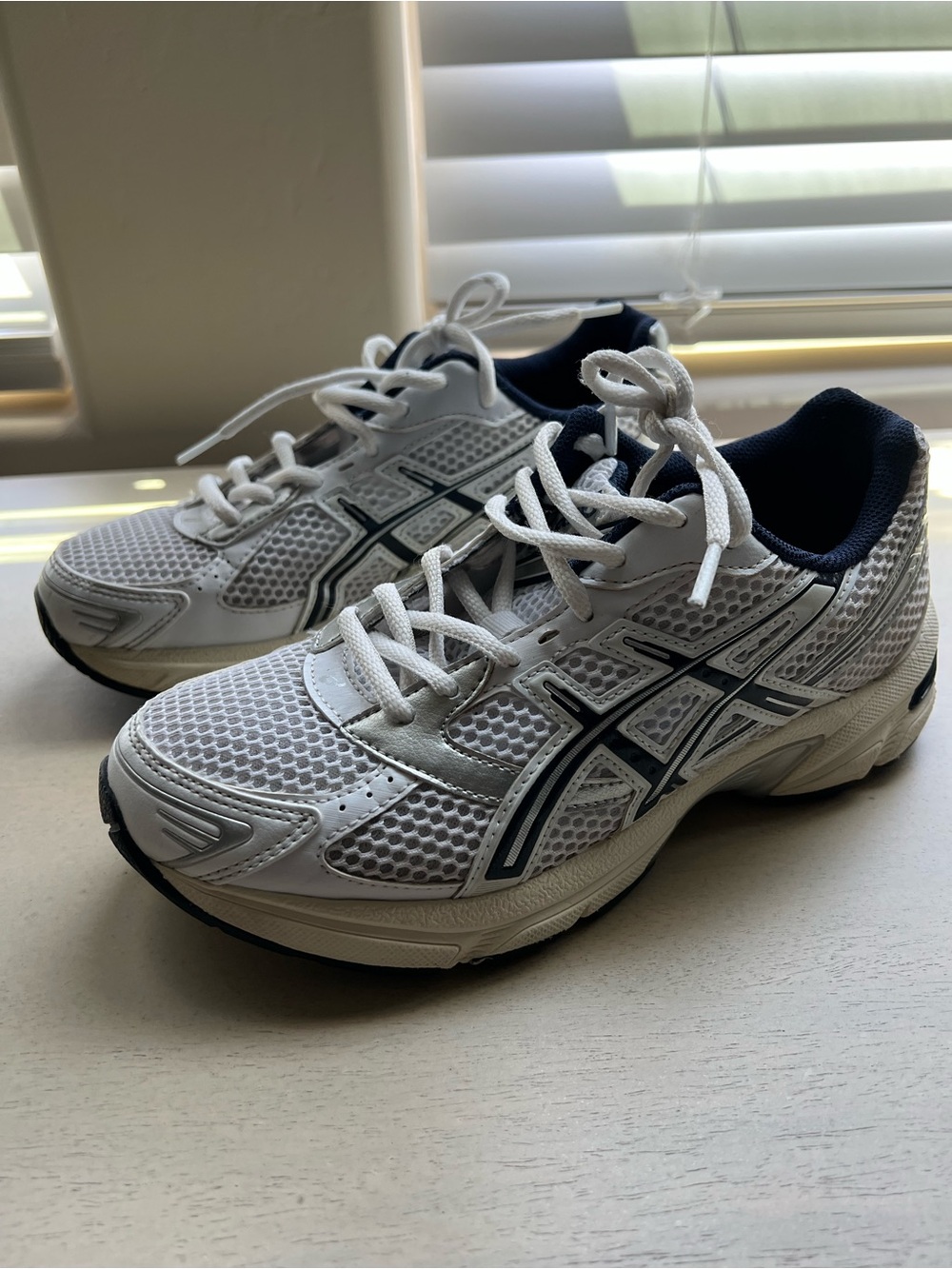 Big kids ASICS White Athletic Running Shoes with Navy Accents